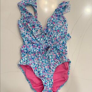 Ruffled One-Piece Swimsuit - Blue and Pink